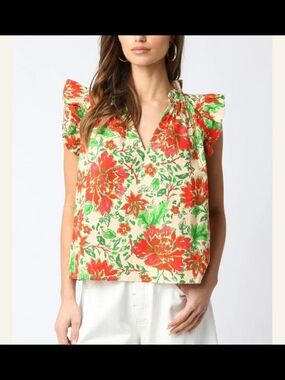 Olivaceous Floral V-Neck Ruffle Sleeve Top - Cream, Red & Green